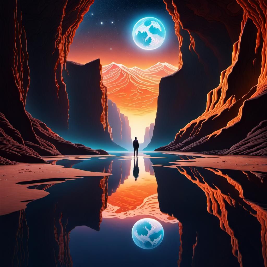 Sci-Fi Canyon with Reflective Pool and Celestial Body