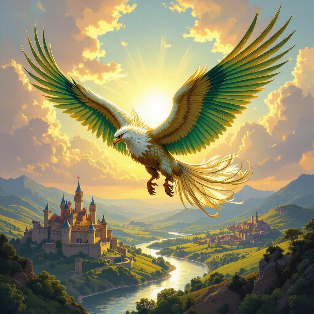 Griffin Soaring Over Kingdom in Fantasy Art Style