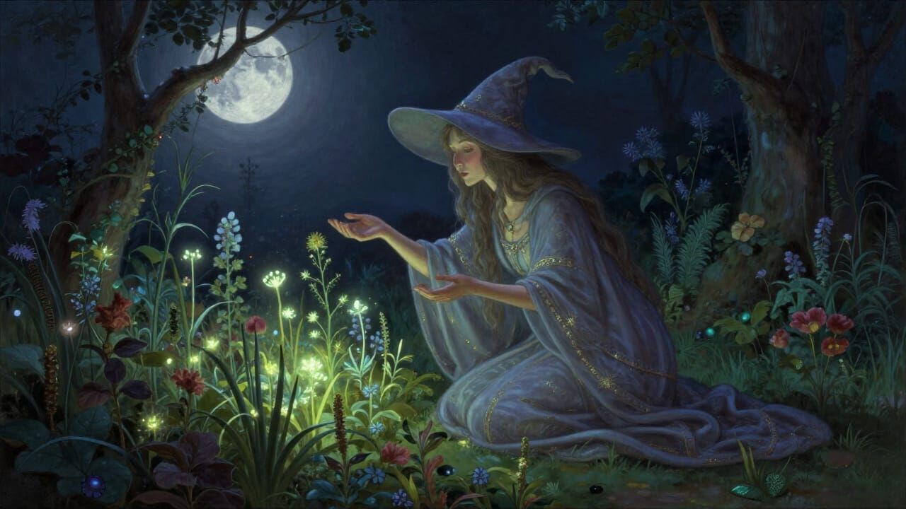 Witch Tending Moonlit Garden in Digital Painting Style
