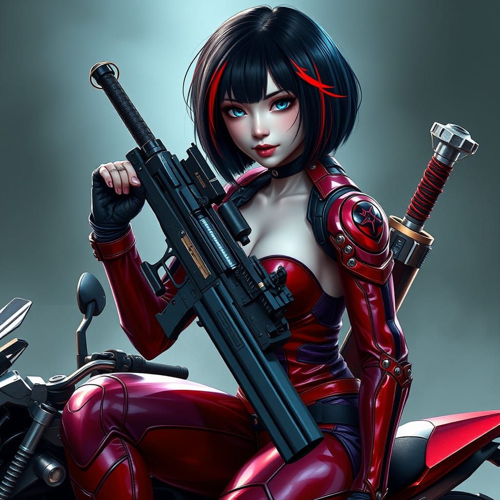 Cyberpunk Kunoichi in Red and Purple Leather Suit