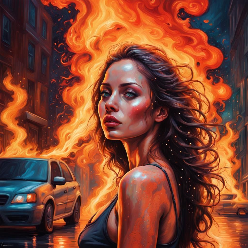 Fiery Woman Portrait in Splash Art Style