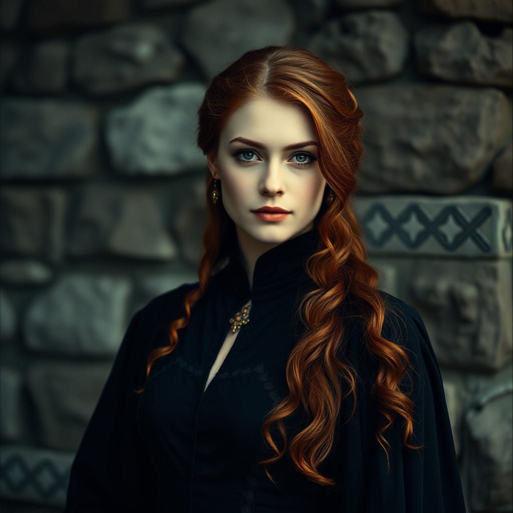 Noble Lady in Formal Gown Amidst Ancient Stonework