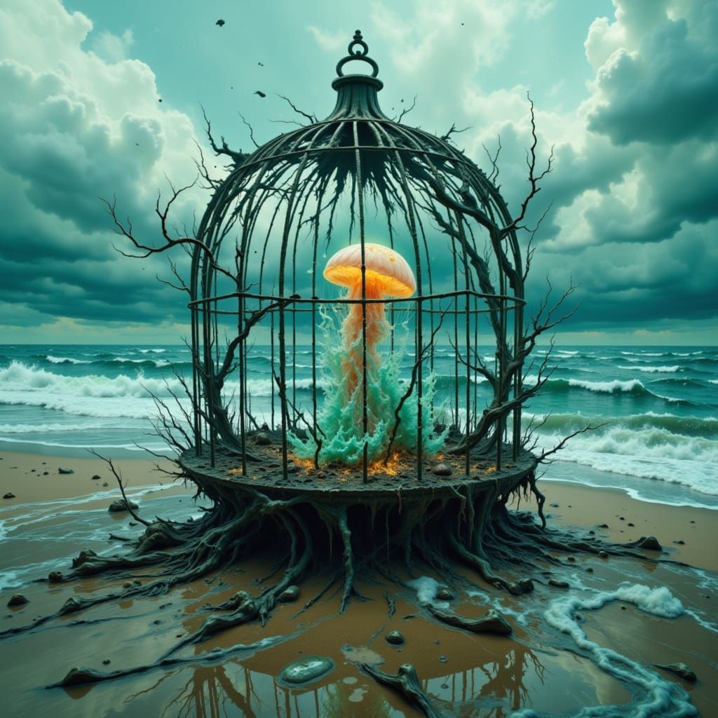 Ethereal Jellyfish Trapped in Beach Birdcage