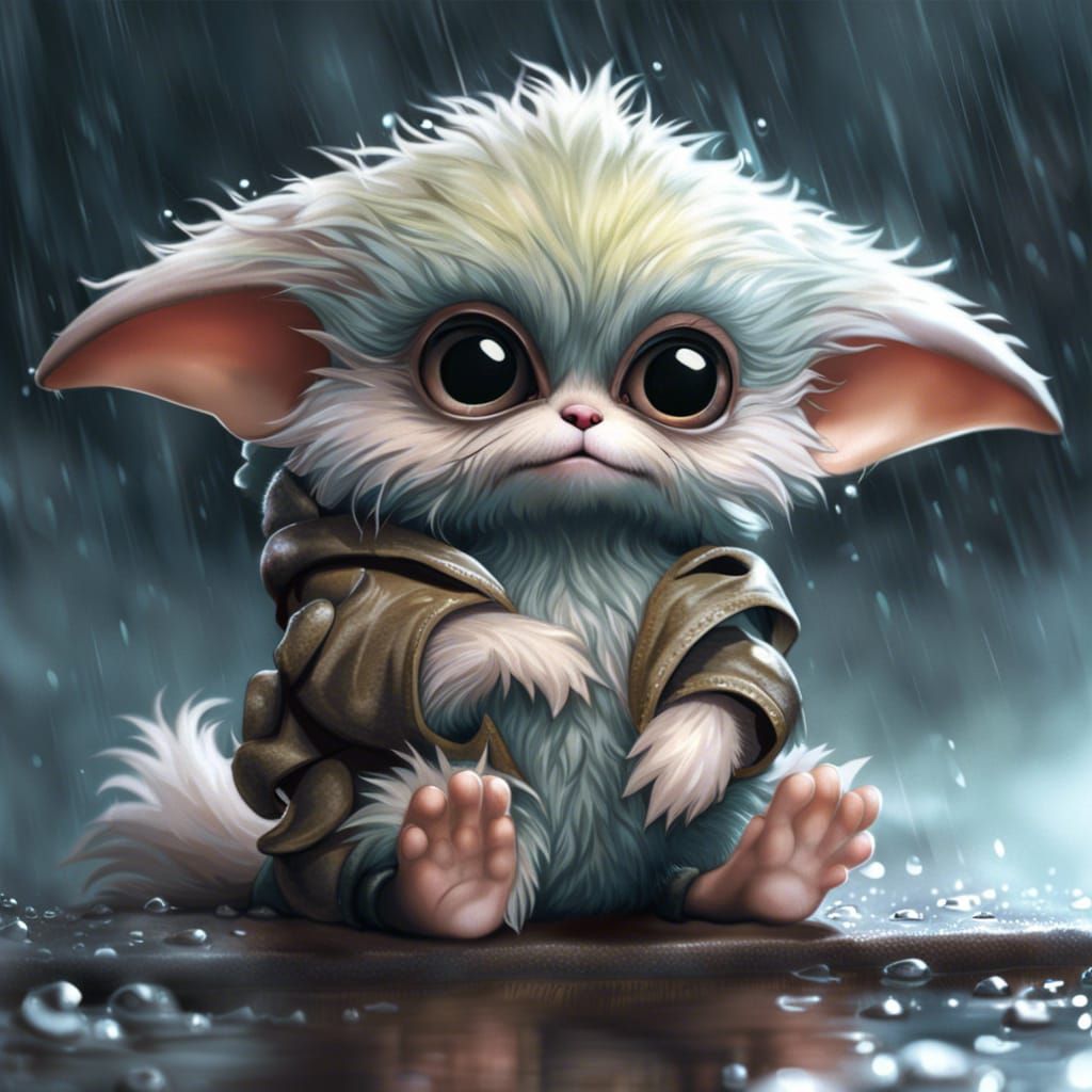 Realistic Image of Baby Gremlin Gizmo in Rain