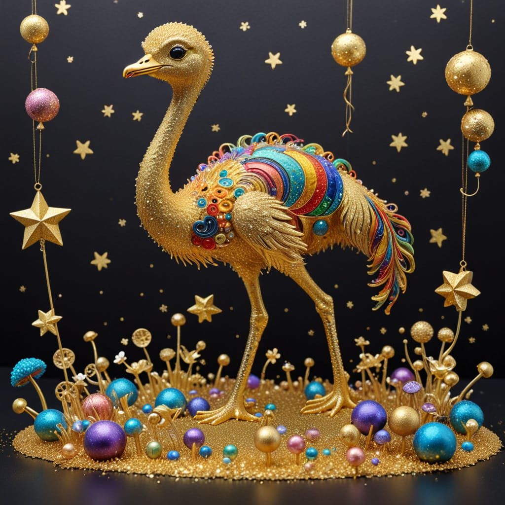 Rainbow Ostrich and Duckling in Art Nouveau Style