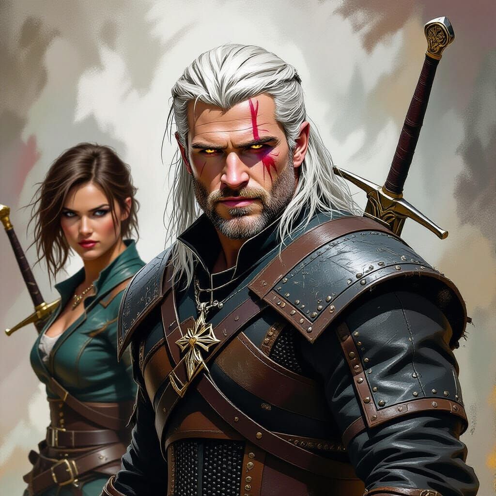 Geralt battles Renfri: A Dark Fantasy Scene