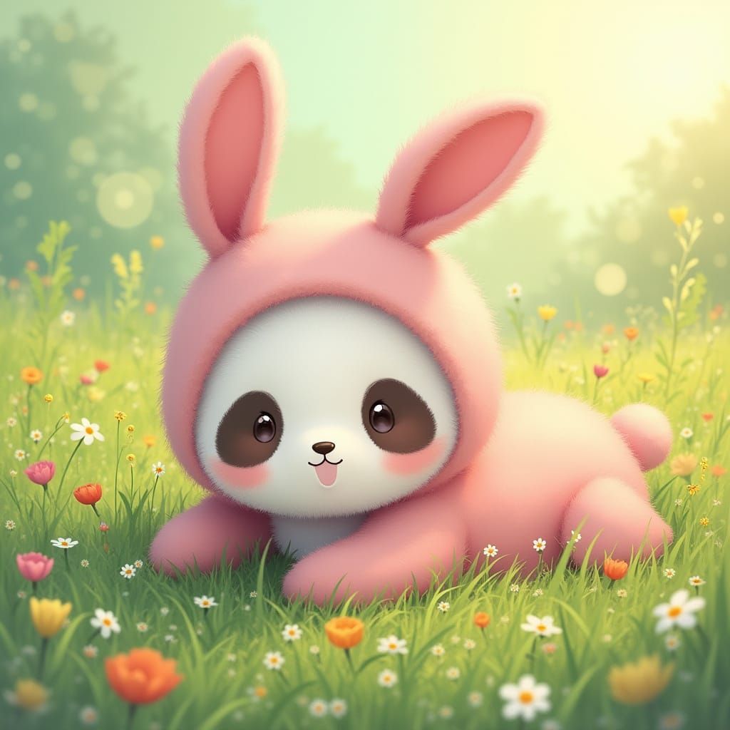 Whimsical Panda Wears Bunny Kigurumi in Colorful Meadow