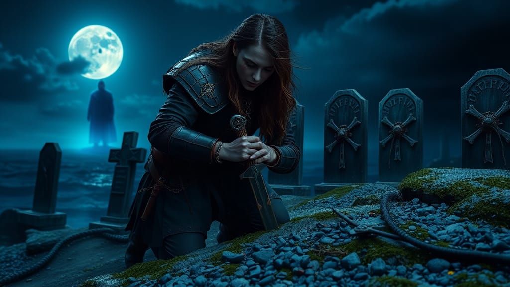 Hervor Kneeling with Tyrfing by Moonlit Graves