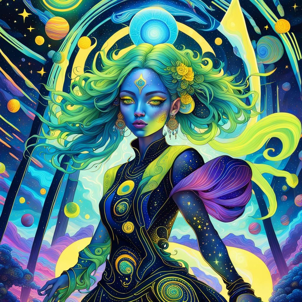 Psychedelic Rave Girl Portrait in Pablo Amaringo Style