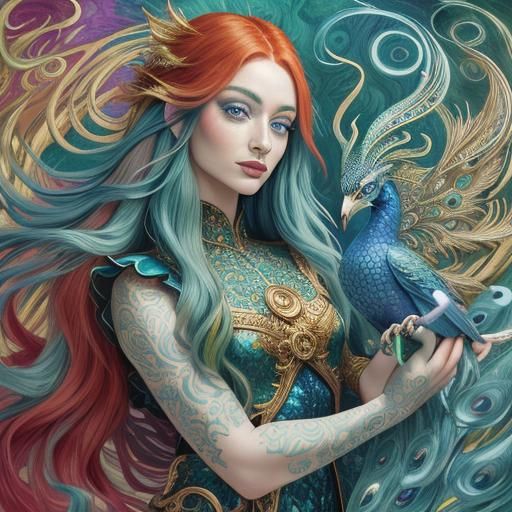 Dragon Woman with Peacock Feather Eyelashes, Surreal Art