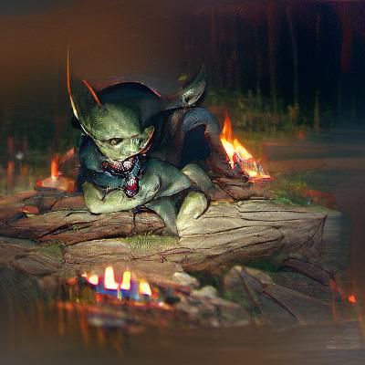 Sinister Goblin at Campfire, Dark Fantasy Art