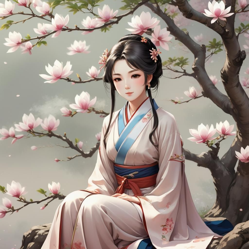 Anime Lady Under Magnolia Tree Illustration
