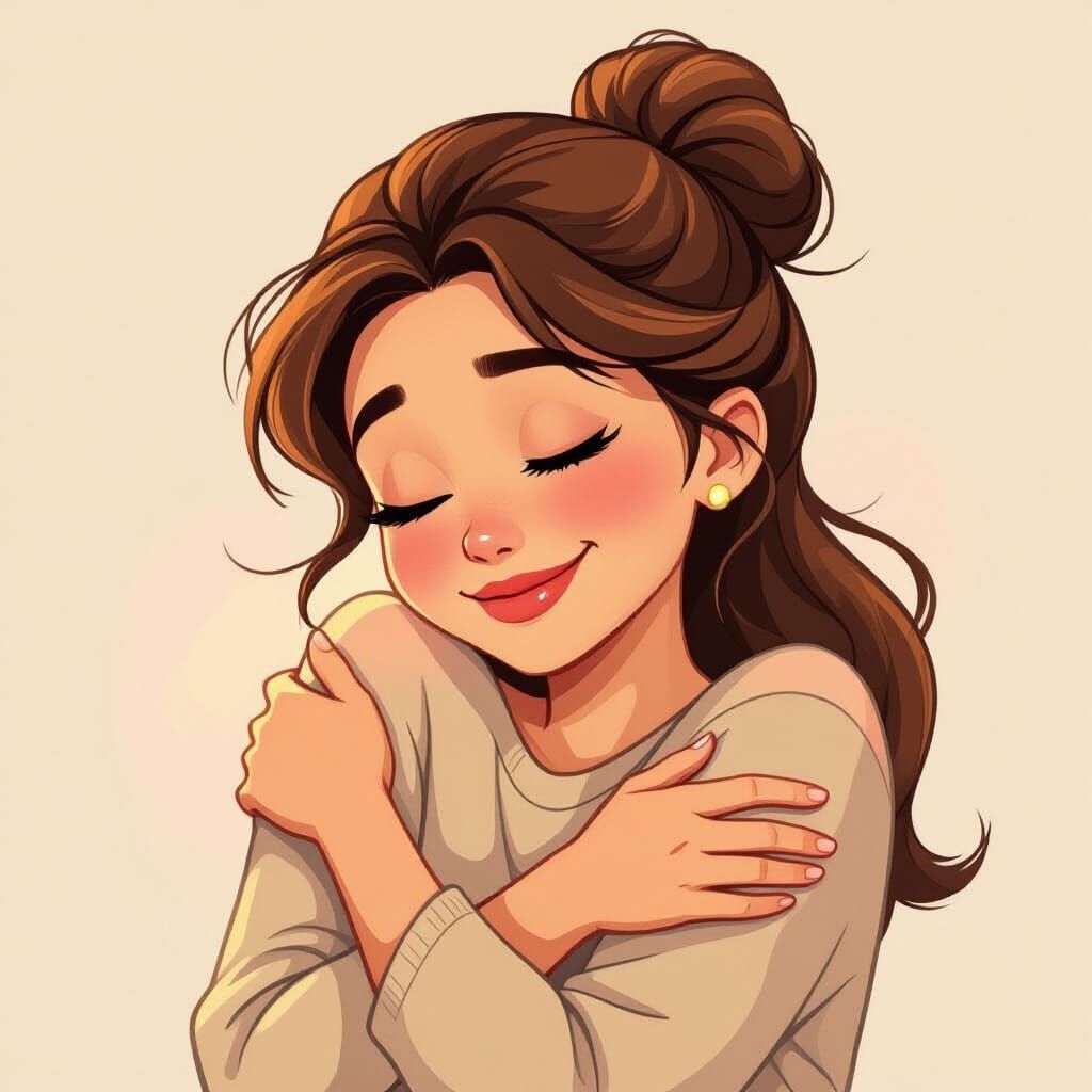 Joyful Cartoon Woman Hugs Herself in Warm Disney Style