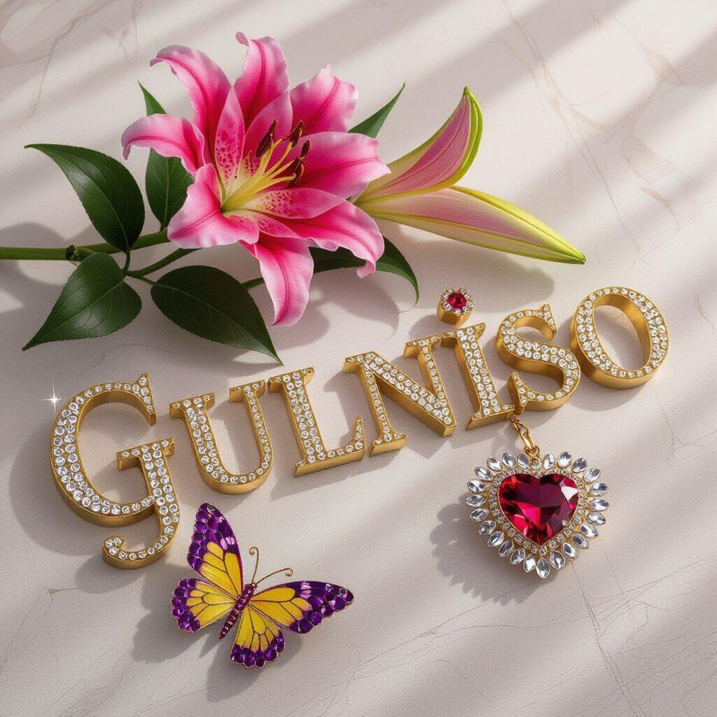 Luxurious "Gulniso" Name Sign with Gold, Crystals & Flowers