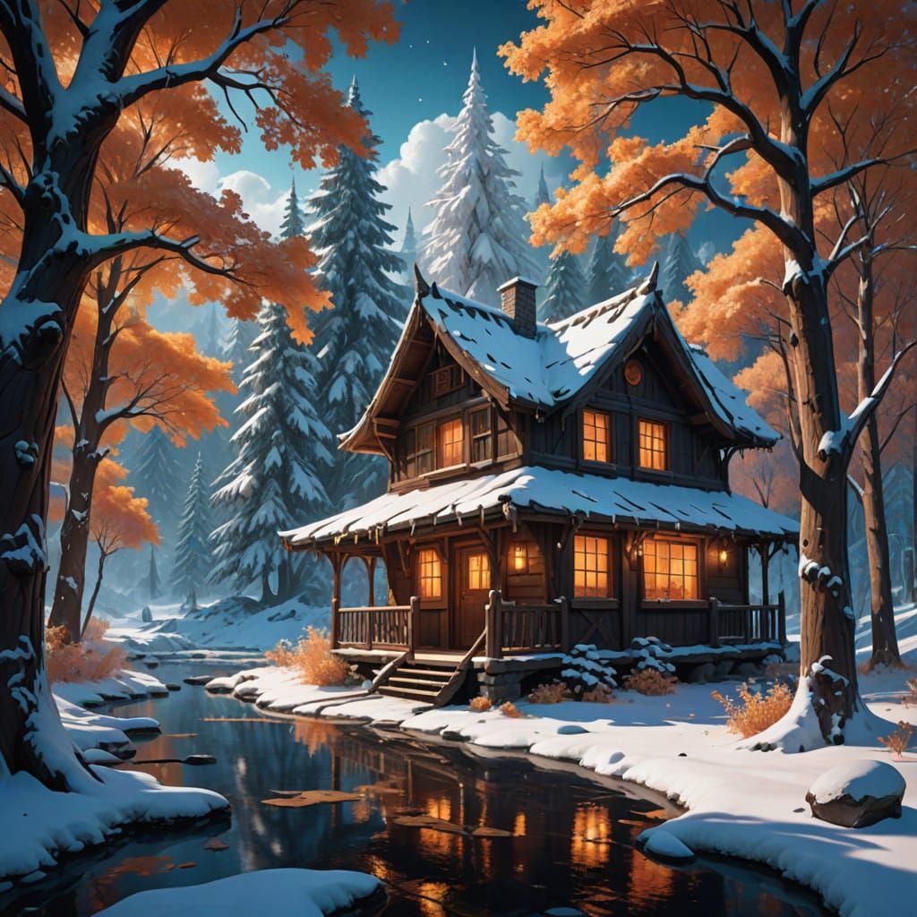 Cinematic Winter Wonderland Scene with Cozy Cabin