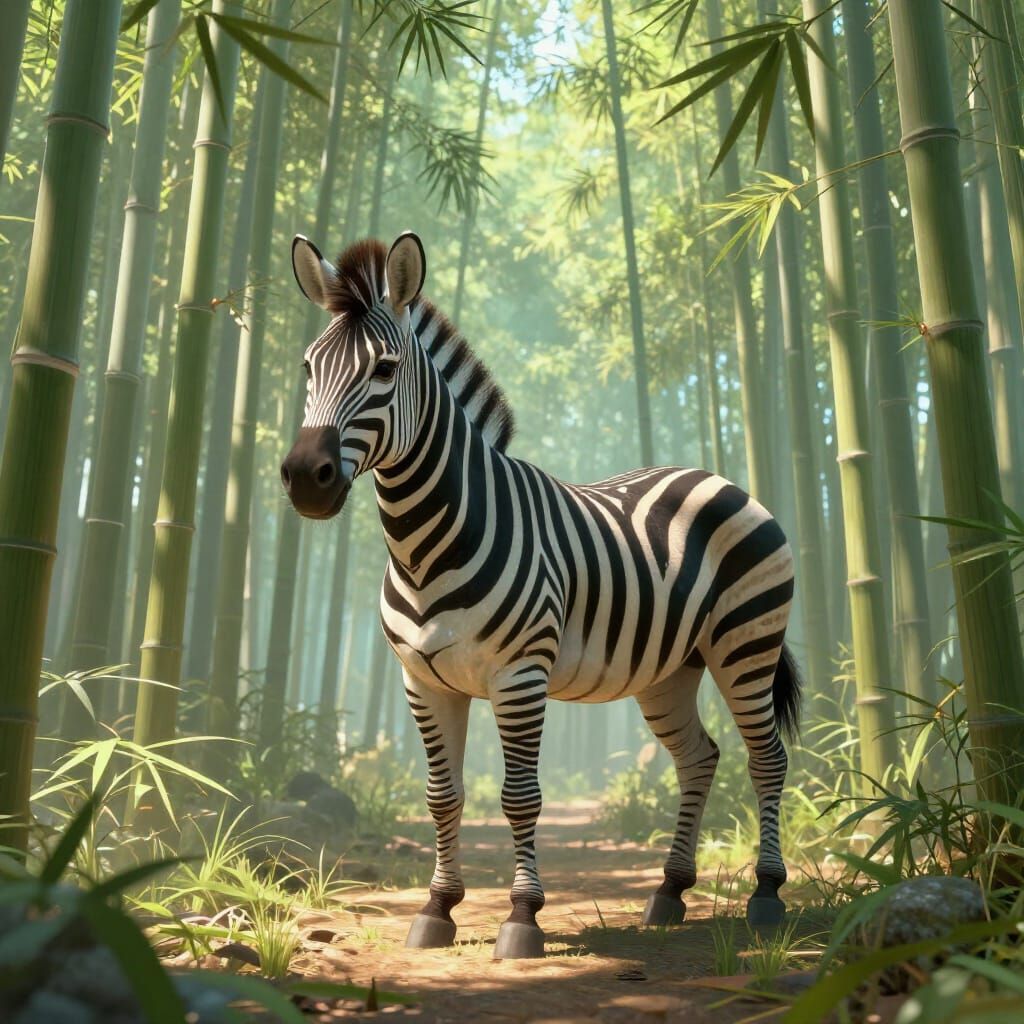 Plains Zebra in Bamboo Forest with Cyberpunk Neon Glow