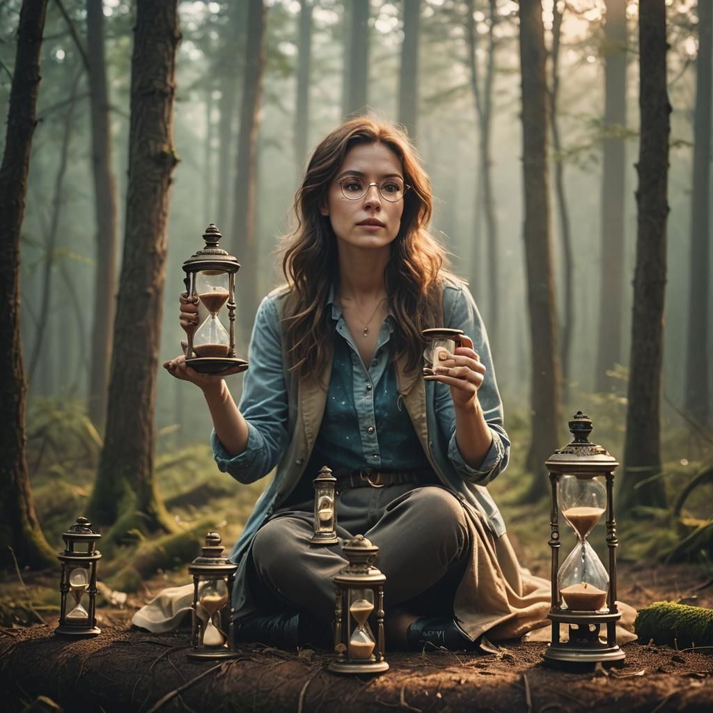 Ethereal Woman with Hourglass in Misty Forest