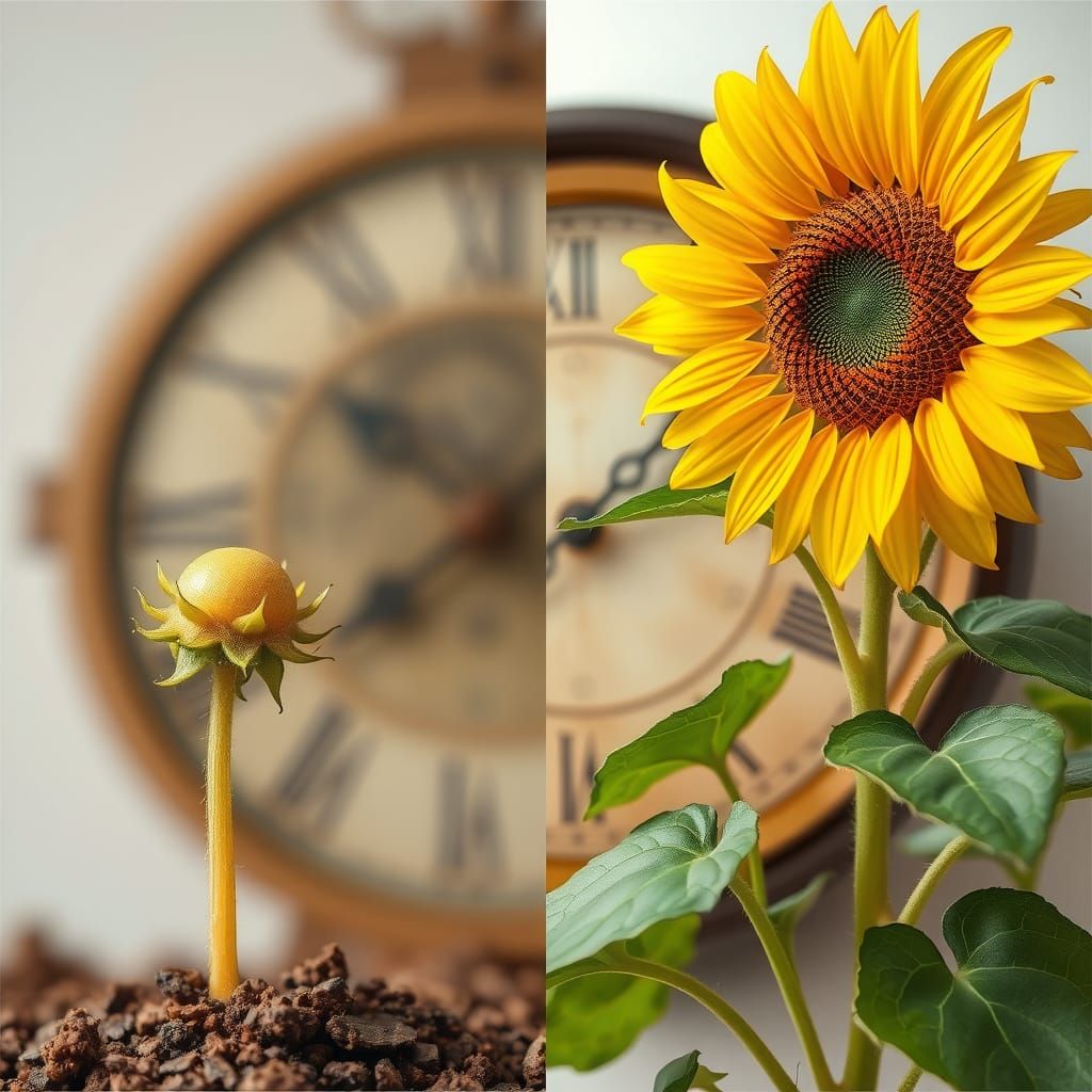 Sunflower Growth Cycle with Clock Background