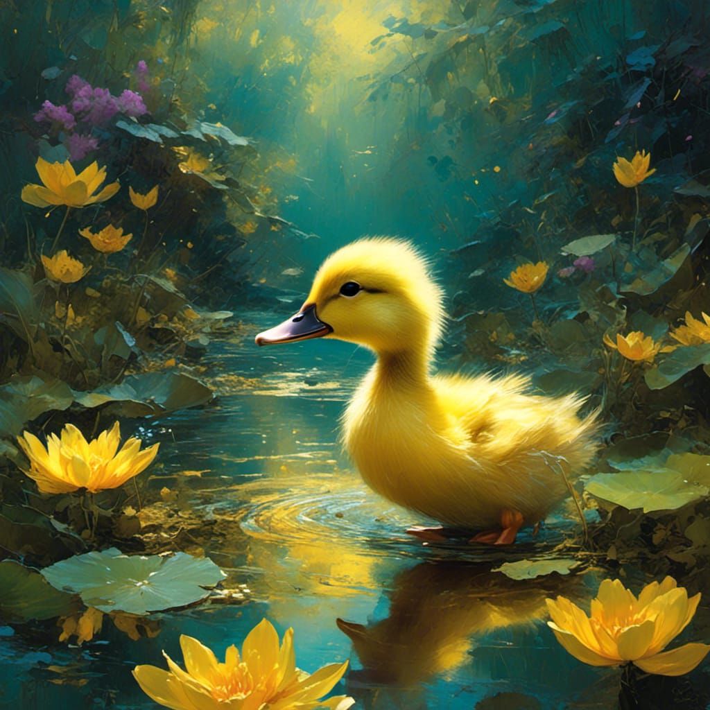 Fluffy Duckling in Pond: An Oil Painting