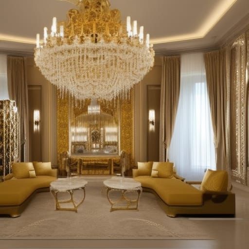 Luxurious Gold Italian penthouse with Gold walls with White accents& luxurious white Italian furniture& Gold tables& Whi...