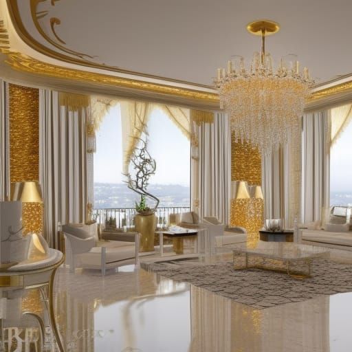 Luxurious Gold Italian penthouse with Gold walls with White accents& luxurious white Italian furniture& Gold tables& Whi...