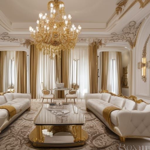 Luxurious Gold Italian penthouse with Gold walls with White accents& luxurious white Italian furniture& Gold tables& Whi...