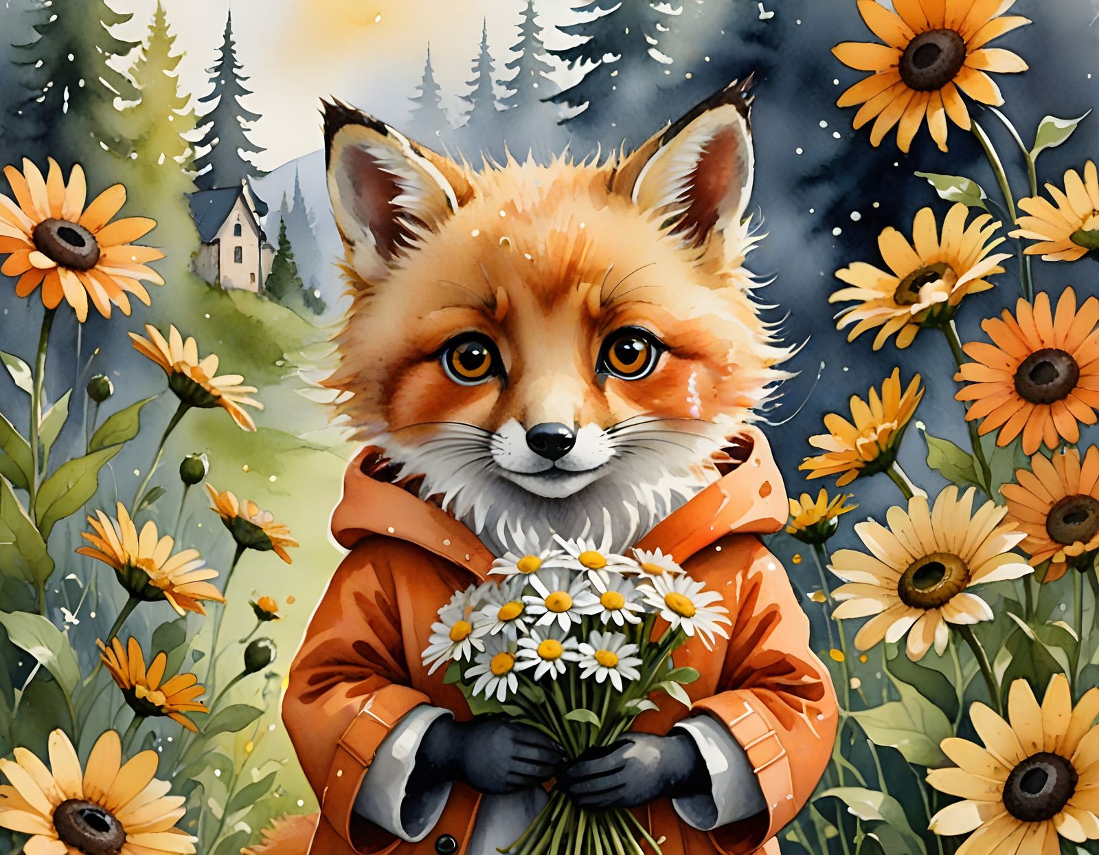 Cute Fox Cub Offers Daisies to Owl in Whimsical Watercolor