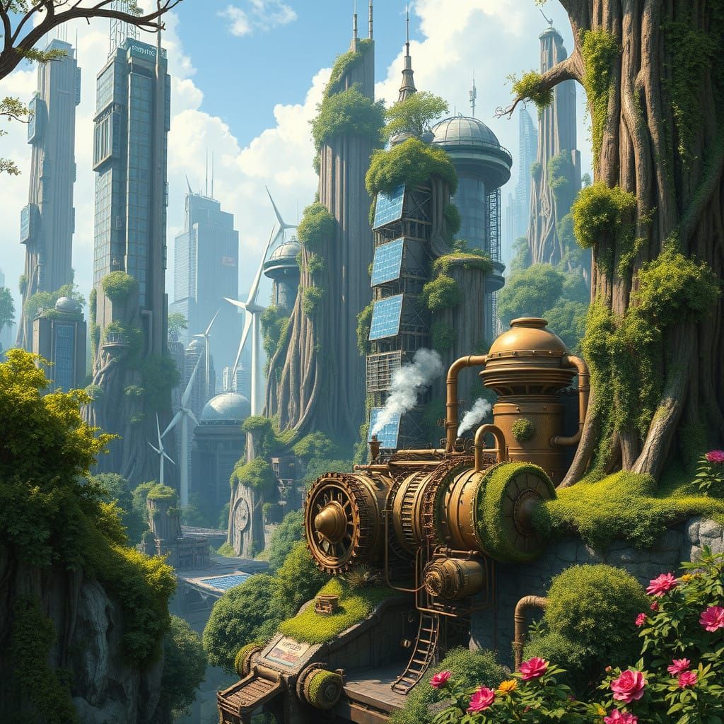 Eco-Utopian Futurism: Sustainable Skyscrapers Amidst Verdant...