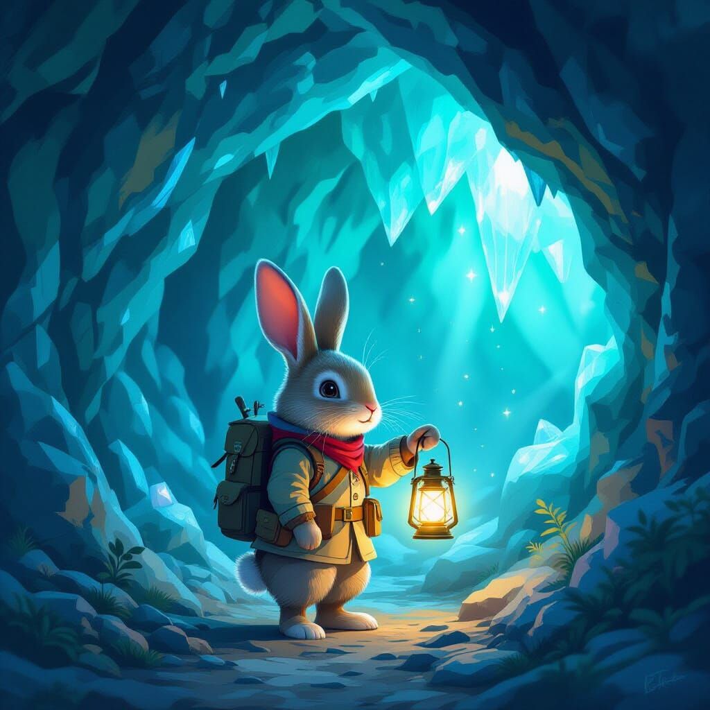 Rabbit Explorer Enters Glowing Crystal Cave