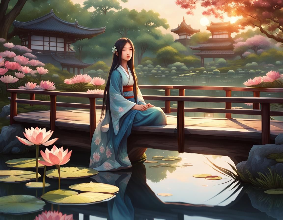 Japanese Girl in Garden at Sunrise, Hyperdetailed Portrait