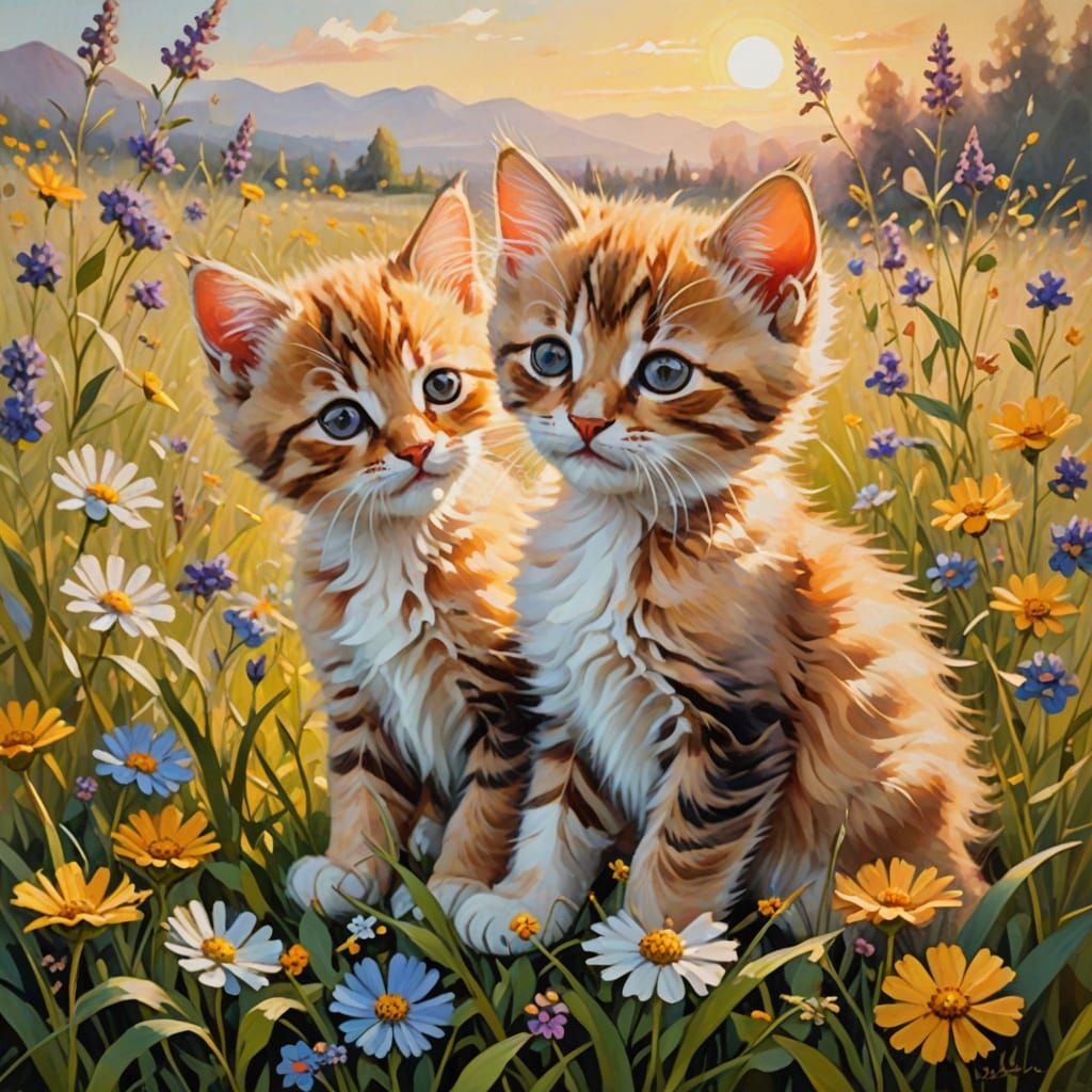 Kittens Playing in Wildflowers as Oil Painting