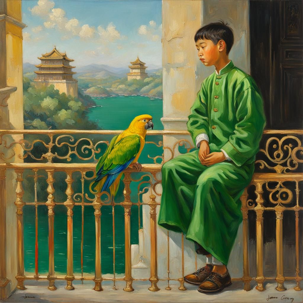 Chinese Boy and Parrot on Balcony as Oil Painting