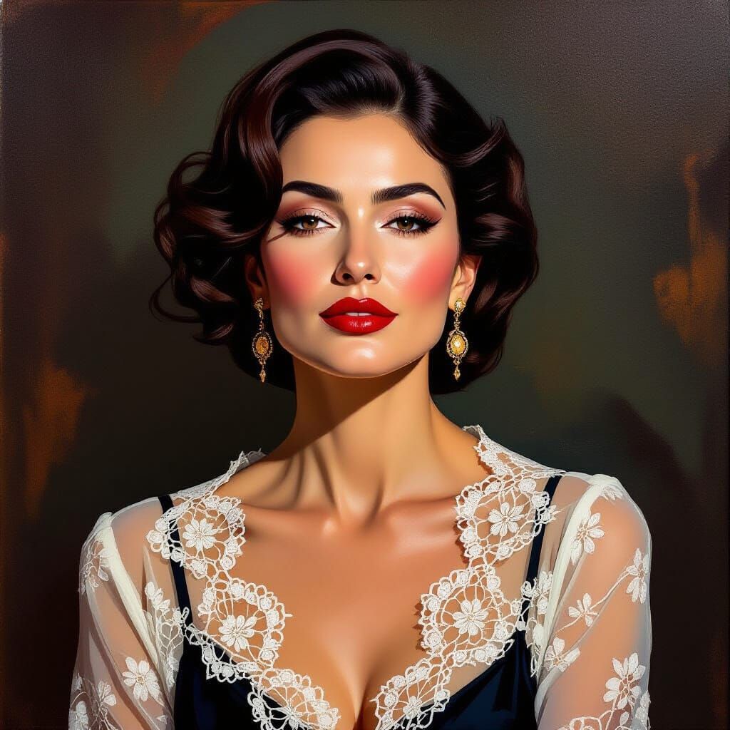 A captivating portrait of a confident mature woman with perfect skin and red lips, wearing a semi-transparent blouse. Th...