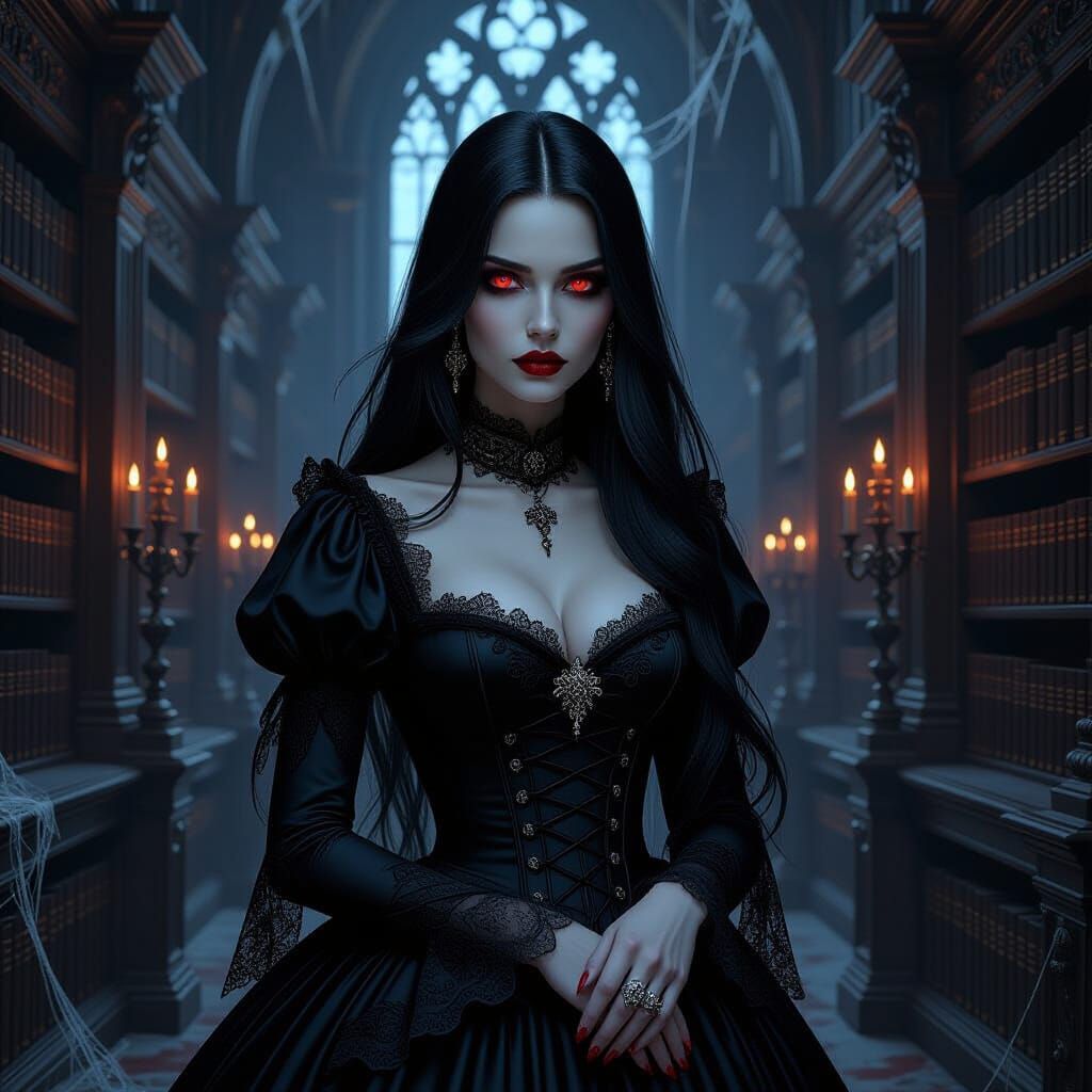 Gothic Vampire in Decaying Library, Dark Fantasy Art