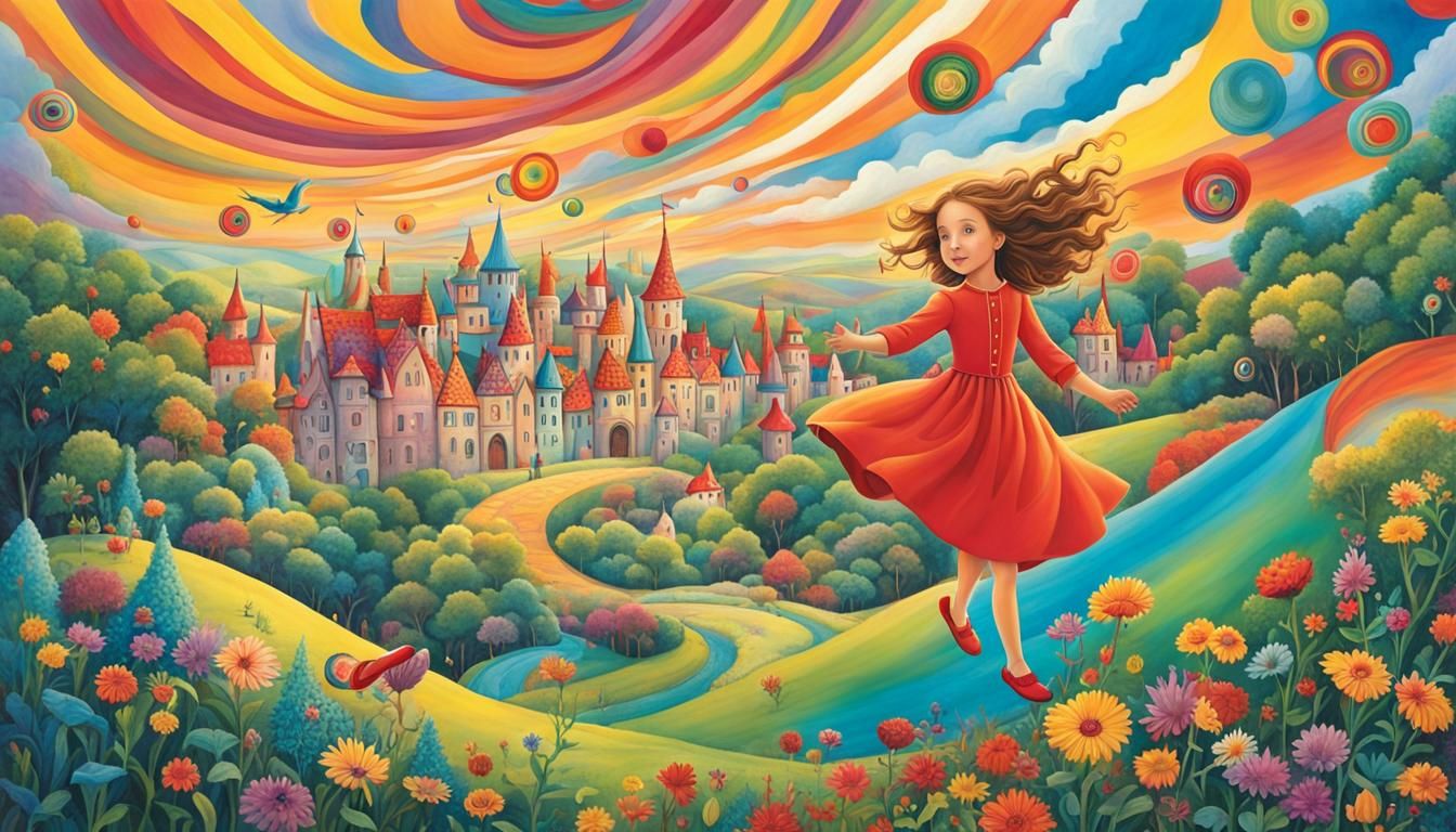 Enchanting Fairytale Landscape Illustration with Running Gir...