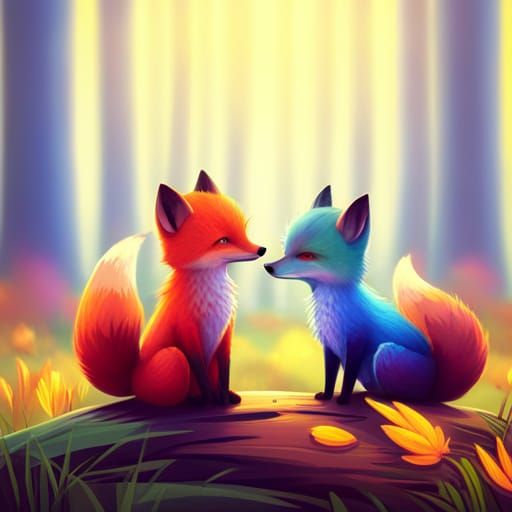 Rainbow Foxes on a Tree Trunk in Storybook Style