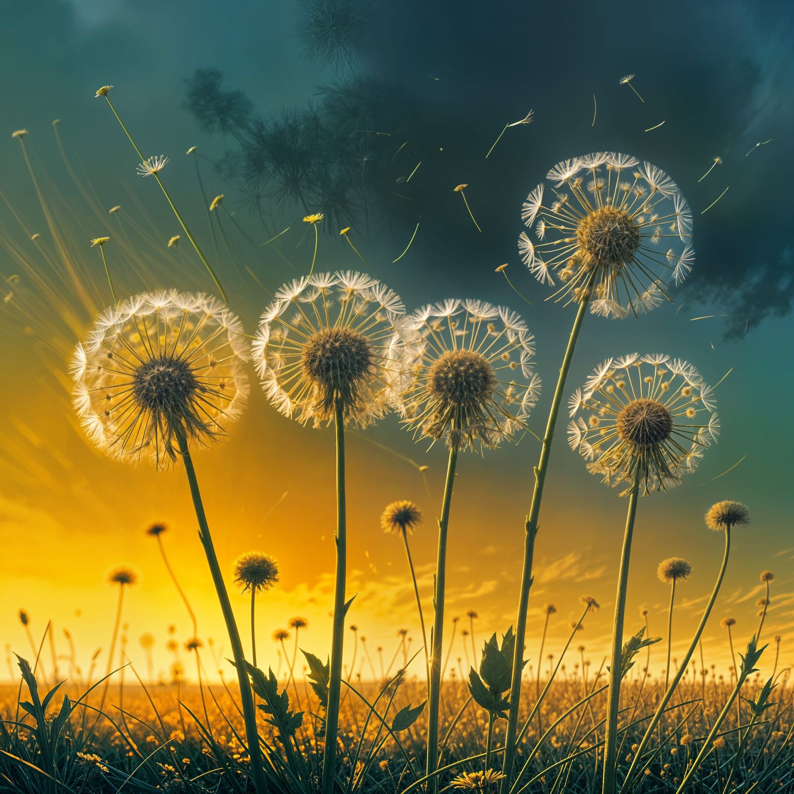 Intricate Yellow and White Dandelions in a Close-Up Shot