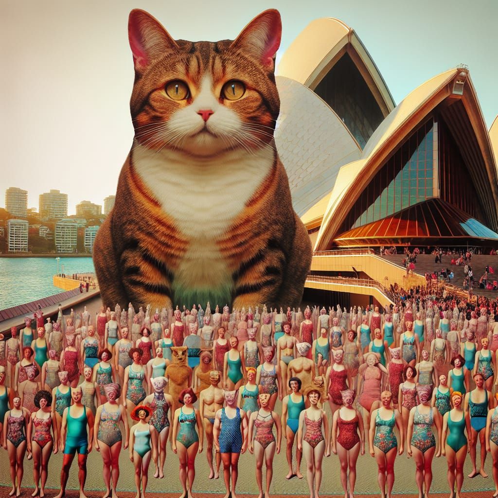 Cat Castle Built of People in a Maximalist Scene