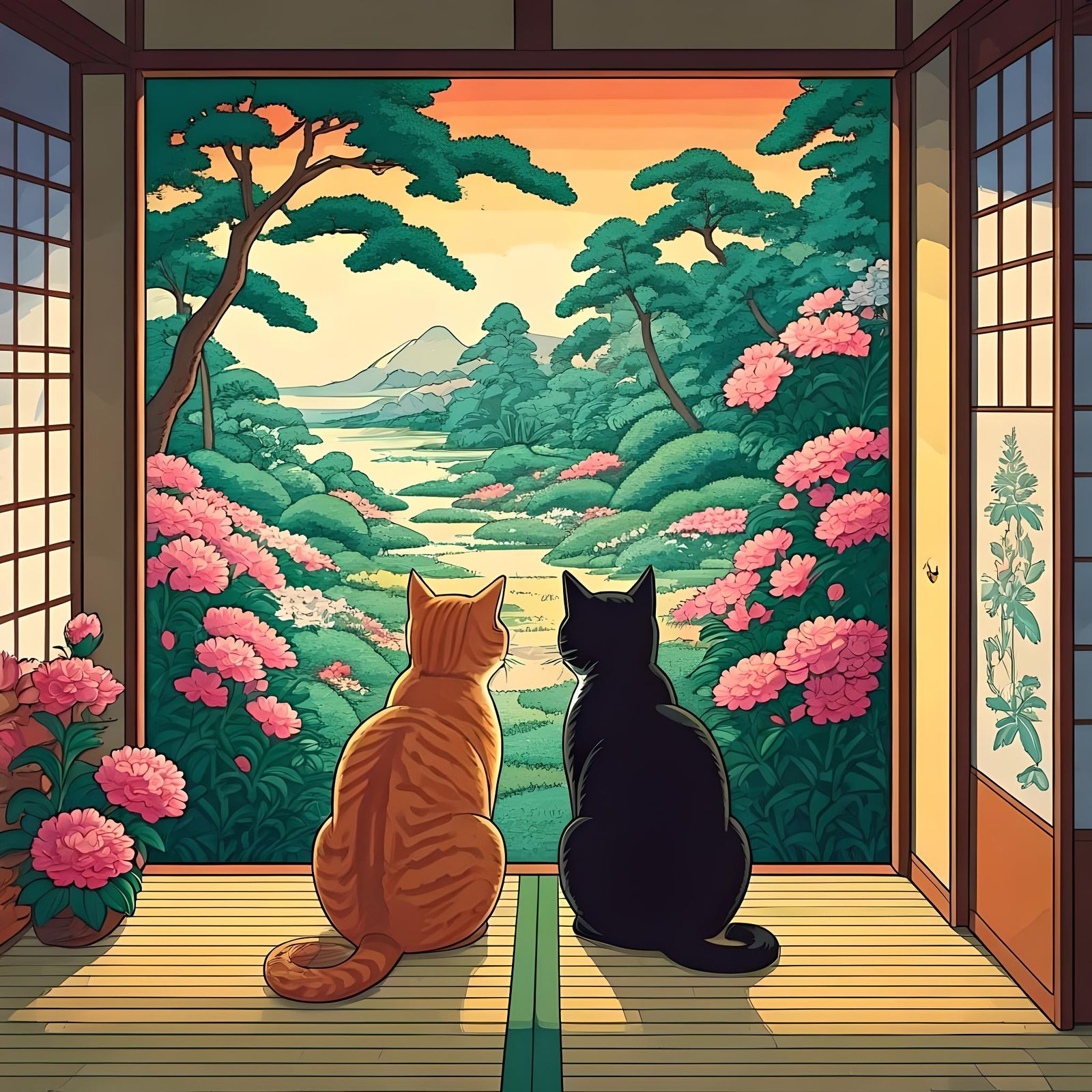 Cats Gazing at Garden Birds in Ukiyo-e Style