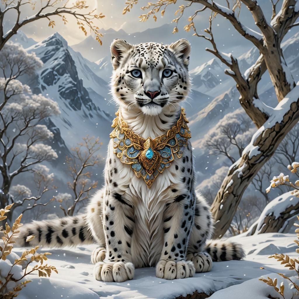 Enchanting Snow Leopard and Fairy in Snowy Landscape