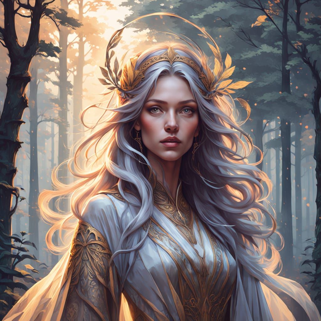 Mysterious Woman in Misty Forest Art Nouveau Portrait