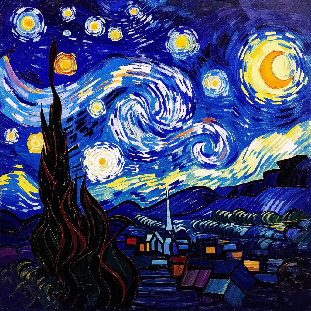 Cosmic Landscape in Thick Oil Paint with Swirling Galaxies