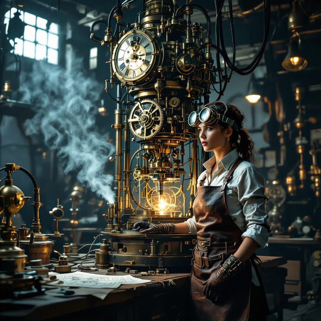 Steampunk Inventor Before Grand Clockwork Contraption