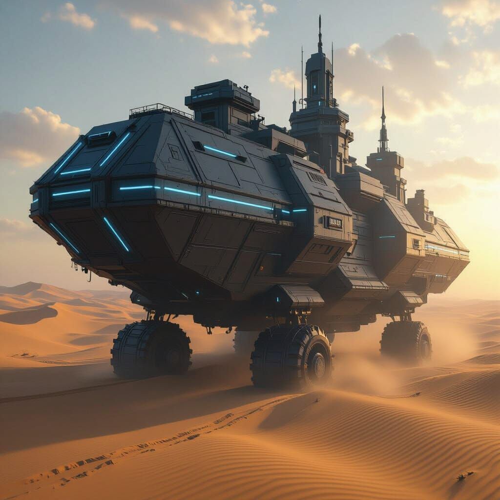 Colossal Mobile Fortress Helfheim in Desert Sunset