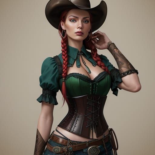 Cowgirl Portrait with Red Braids in Western Concept Art