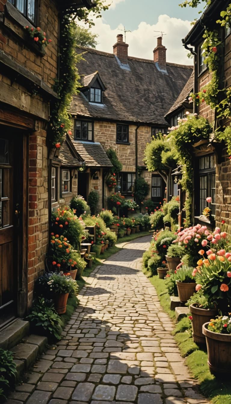 English Village in Spring, 1980s: Hyperrealistic 4K Photo