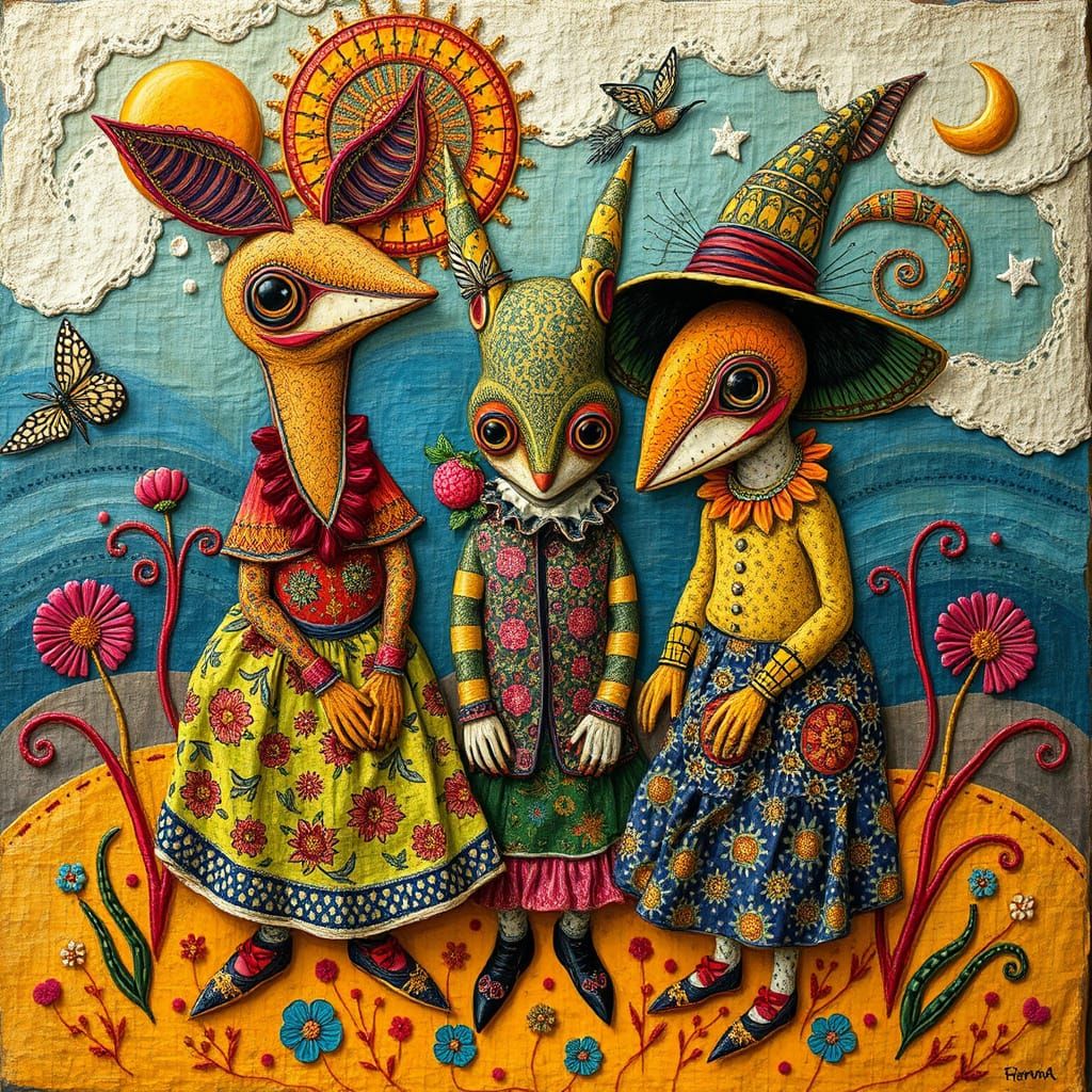 Whimsical Creatures in a Surreal Folk Art Dreamscape