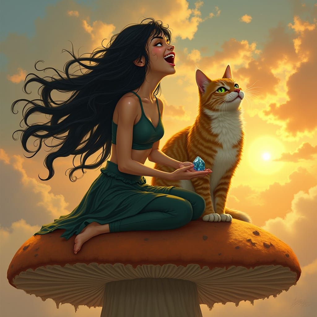 Girl Sits on Ancient Mushroom, Laughing at Sunset