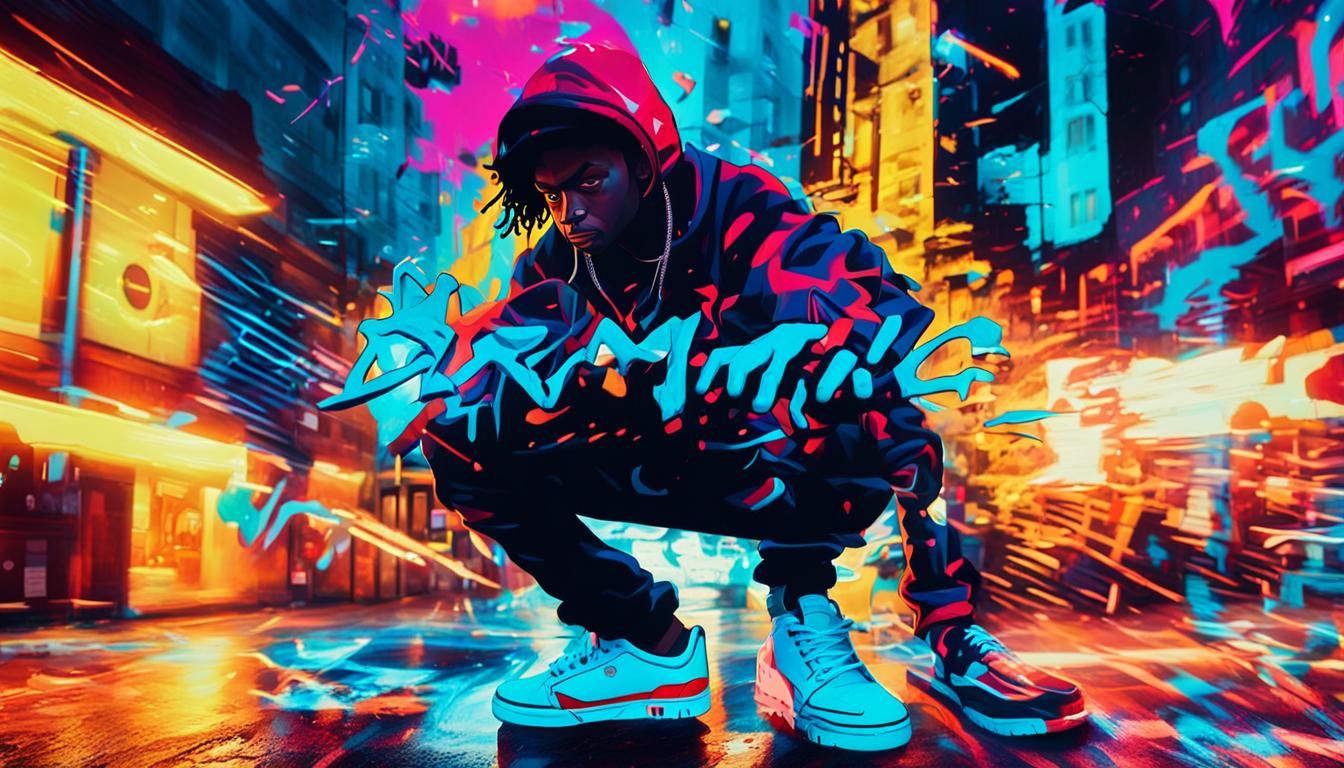 Vibrant Breakdancer in Neon City Streets at Night
