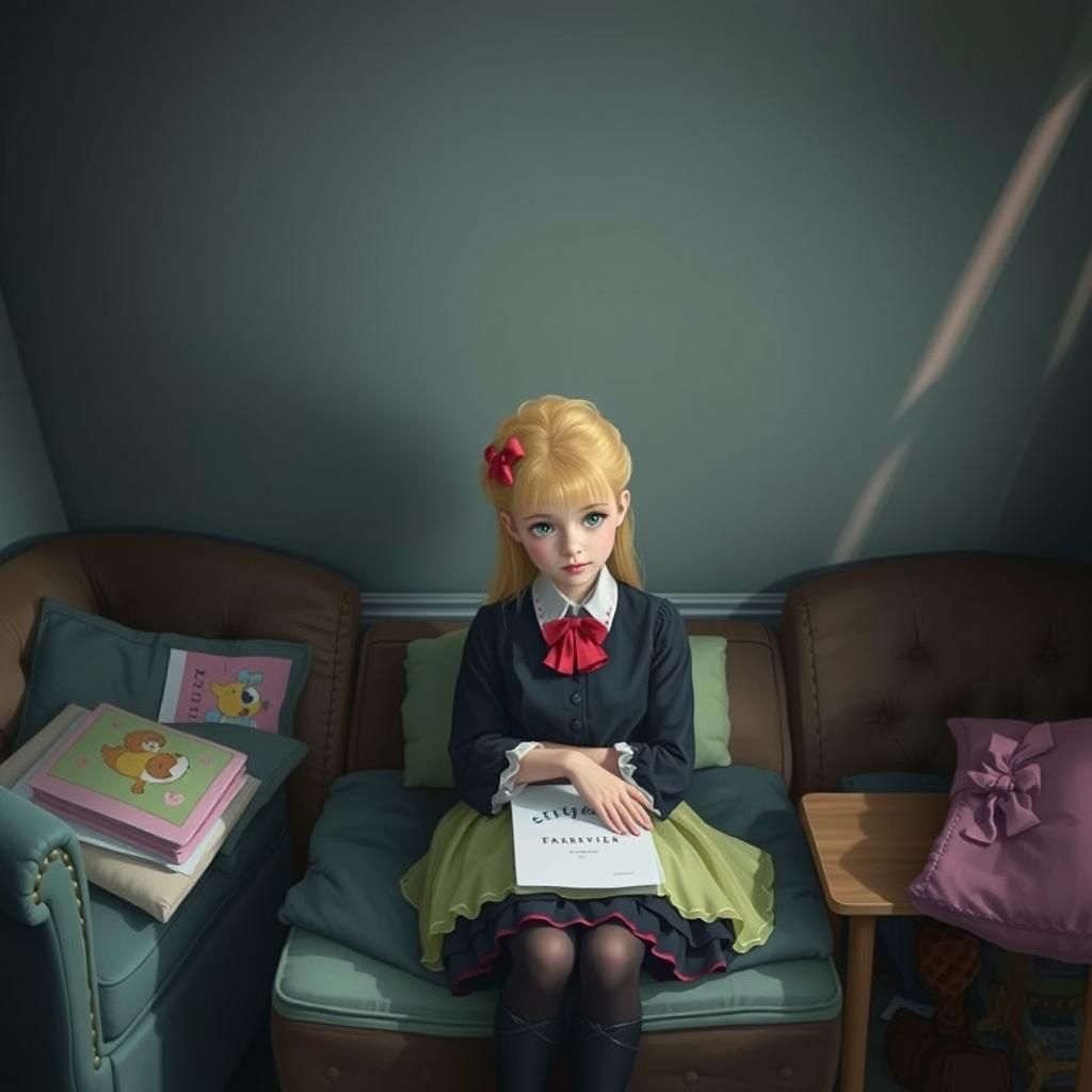 Blonde Girl on Cream Couch in Whimsical Realism